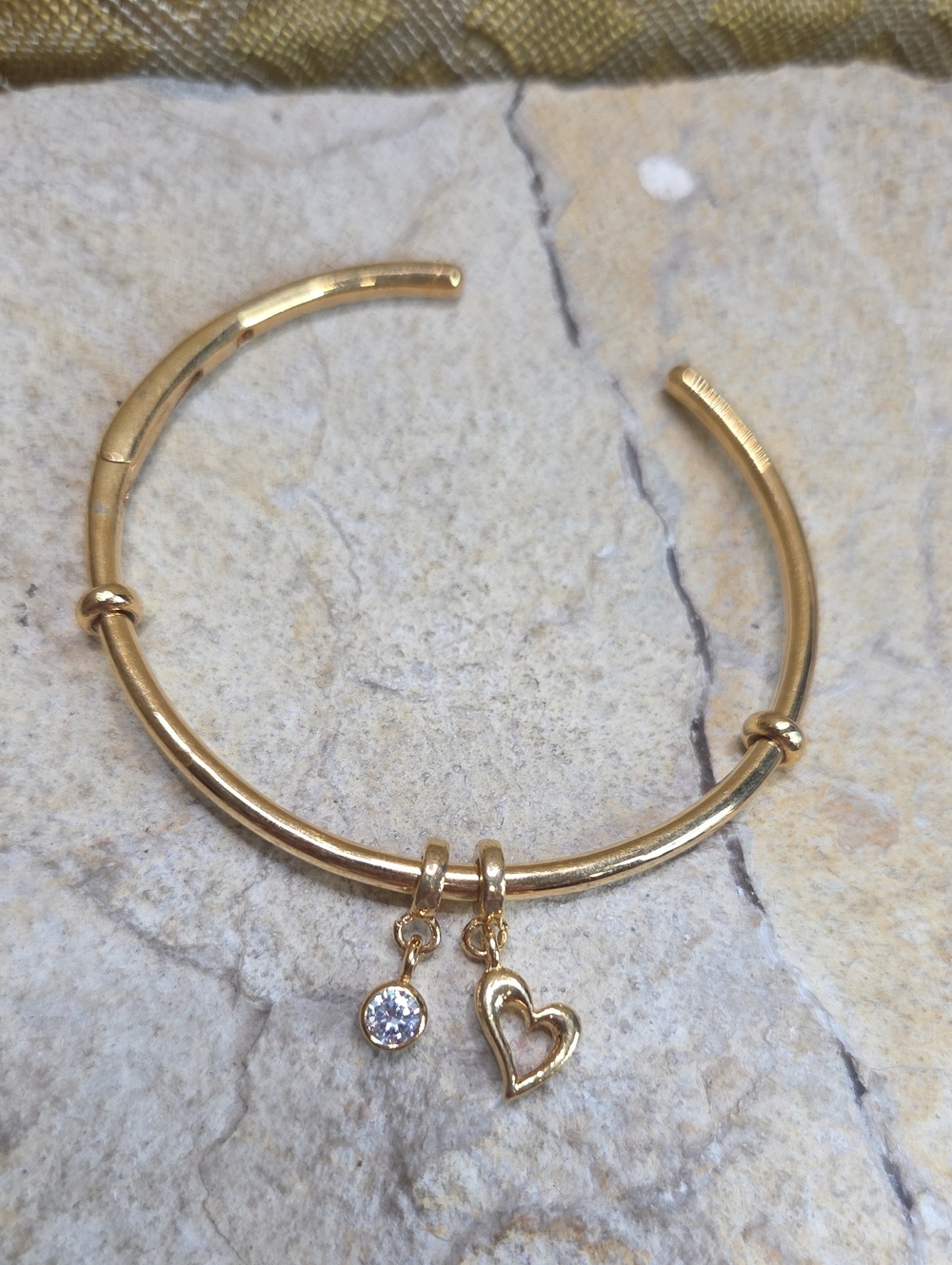 Gold Charm Cuff Bracelet with Heart and Crystal Dangle